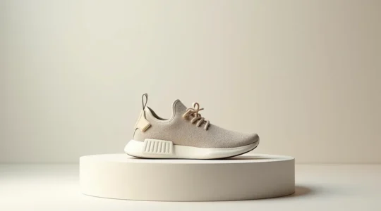 Photo éditoriale d'une paire de baskets durables posée sur un fond neutre avec lumière naturelle, symbolisant la mode responsable