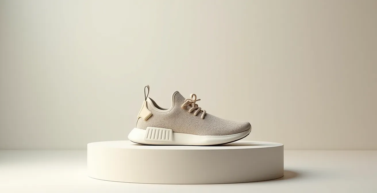 Photo éditoriale d'une paire de baskets durables posée sur un fond neutre avec lumière naturelle, symbolisant la mode responsable