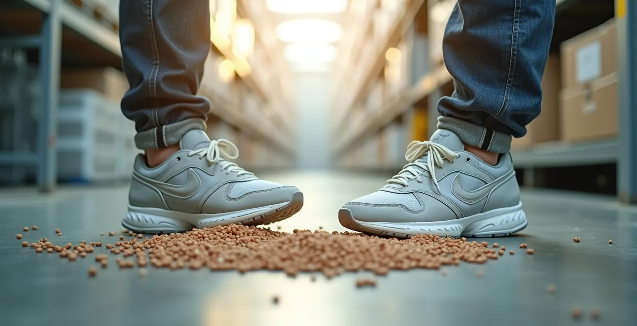 Cycle visuel de transformation de chaussures usées en nouvelles semelles recyclées