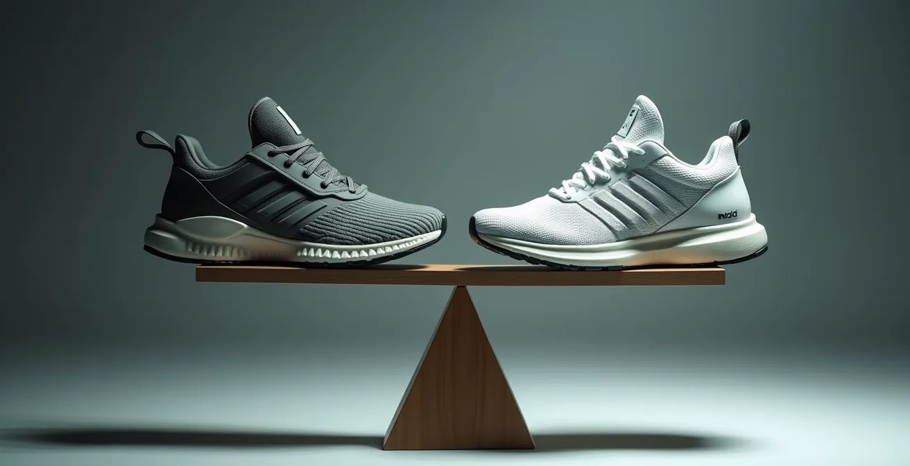 Comparaison visuelle entre une chaussure usée et une chaussure durable sur une balance