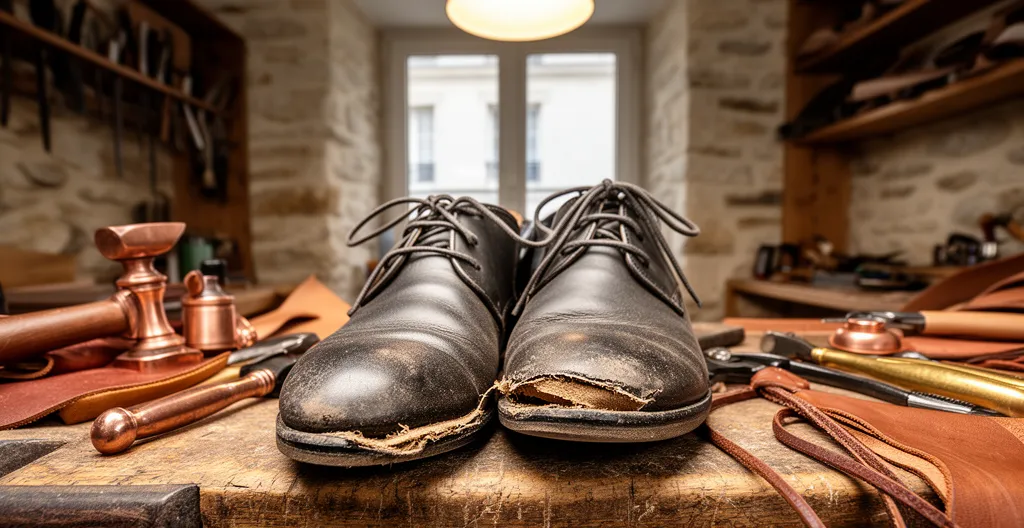 Paire de chaussures féminines usées sur établi de cordonnier traditionnel