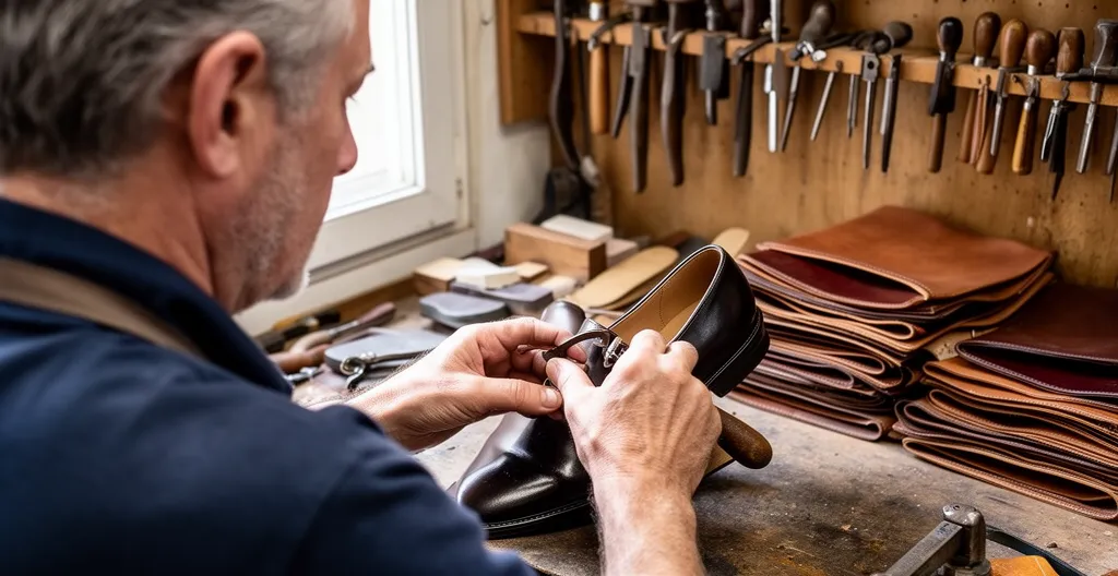Maître cordonnier travaillant sur ressemelage chaussure femme dans atelier traditionnel