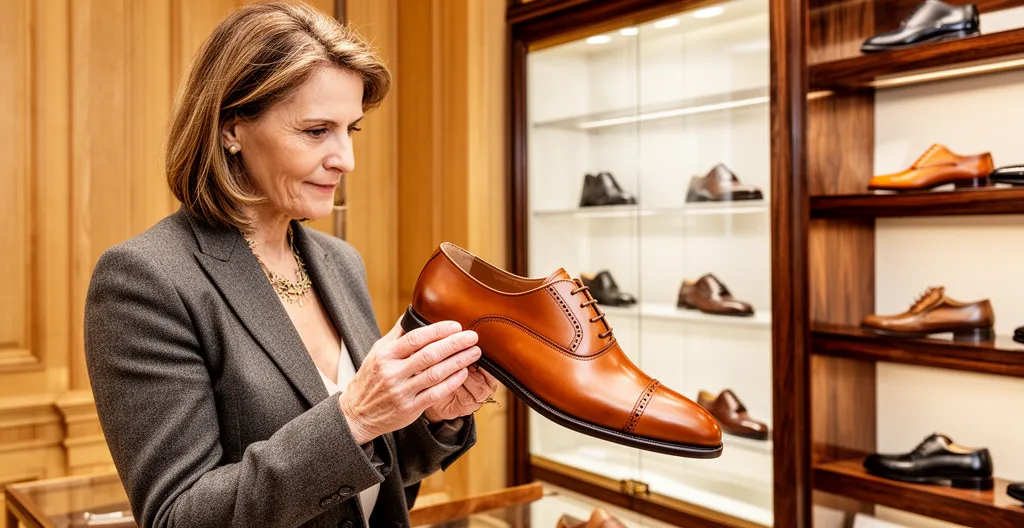 Femme examinant une derby cuir cognac dans boutique chaussures haut de gamme