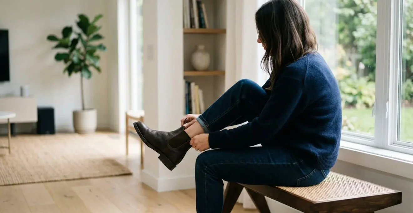 Femme vue de profil dans un intérieur épuré, enfilant une paire de bottines en cuir marron près d'une fenêtre lumineuse