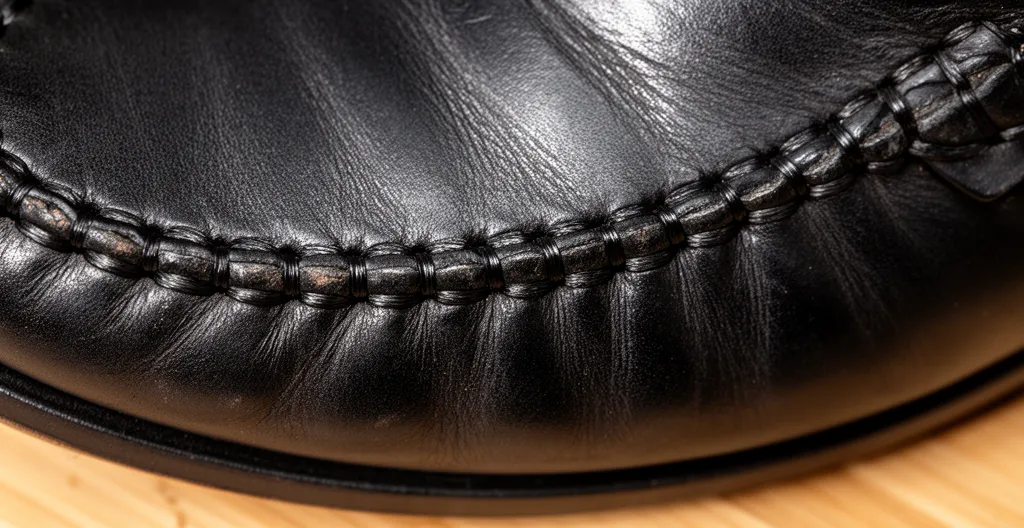 Gros plan sur couture visible d'un mocassin cousu main montrant les points réguliers