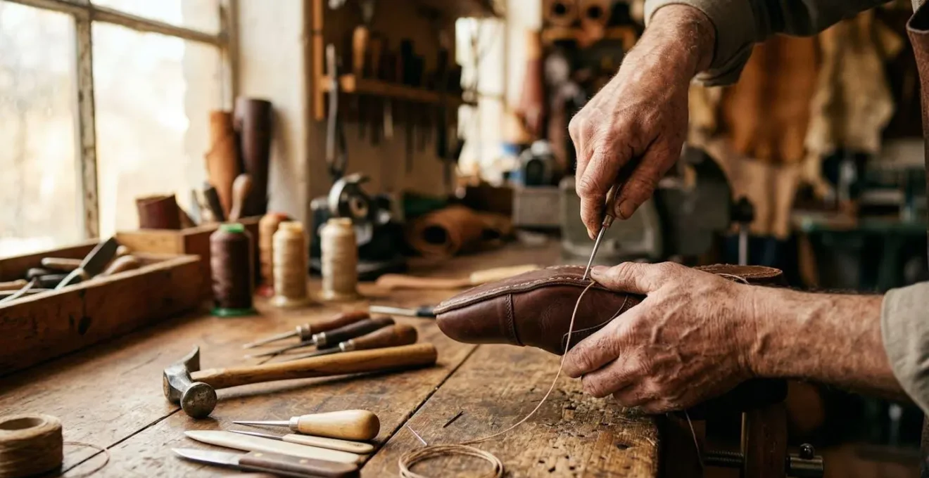Mains d'un artisan travaillant une pièce de cuir sur un établi en bois, outils traditionnels posés à côté