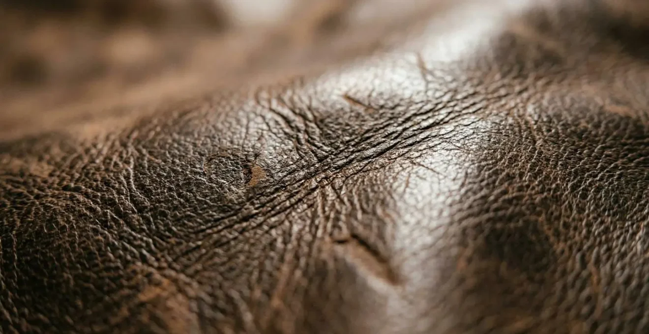 Texture de cuir pleine fleur marron avec grain naturel irrégulier et léger reflet de lumière