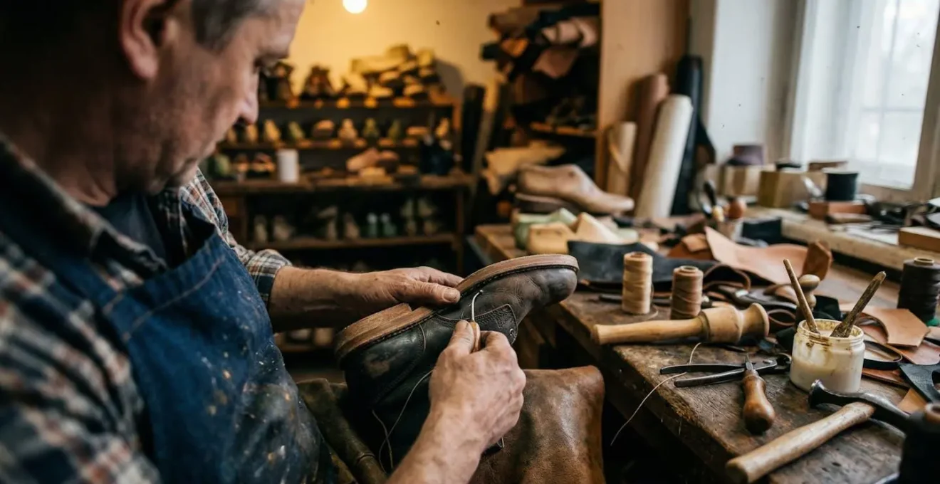 Mains d'un artisan travaillant sur une chaussure dans un atelier, avec des outils de cordonnerie visibles autour