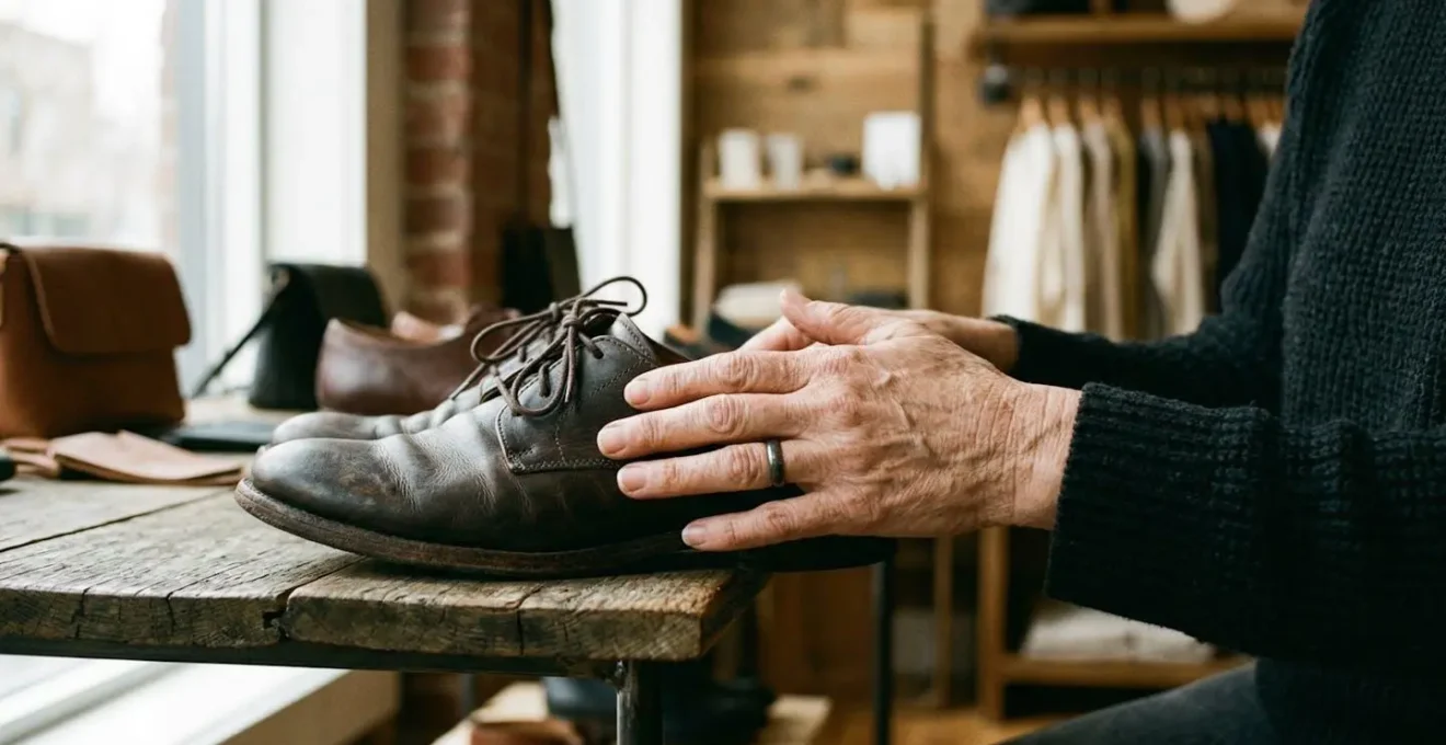 Mains féminines effleurant délicatement le cuir d'une chaussure dans une boutique aux tons clairs