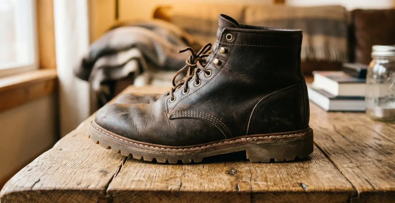 Vue de profil d'une chaussure posée sur une surface en bois, montrant les coutures latérales et la semelle